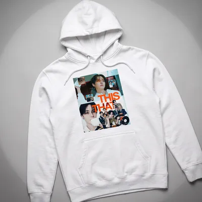 Collage graphic of K-Pop groups with vibrant colors and bold text — printed on a unisex hoodie