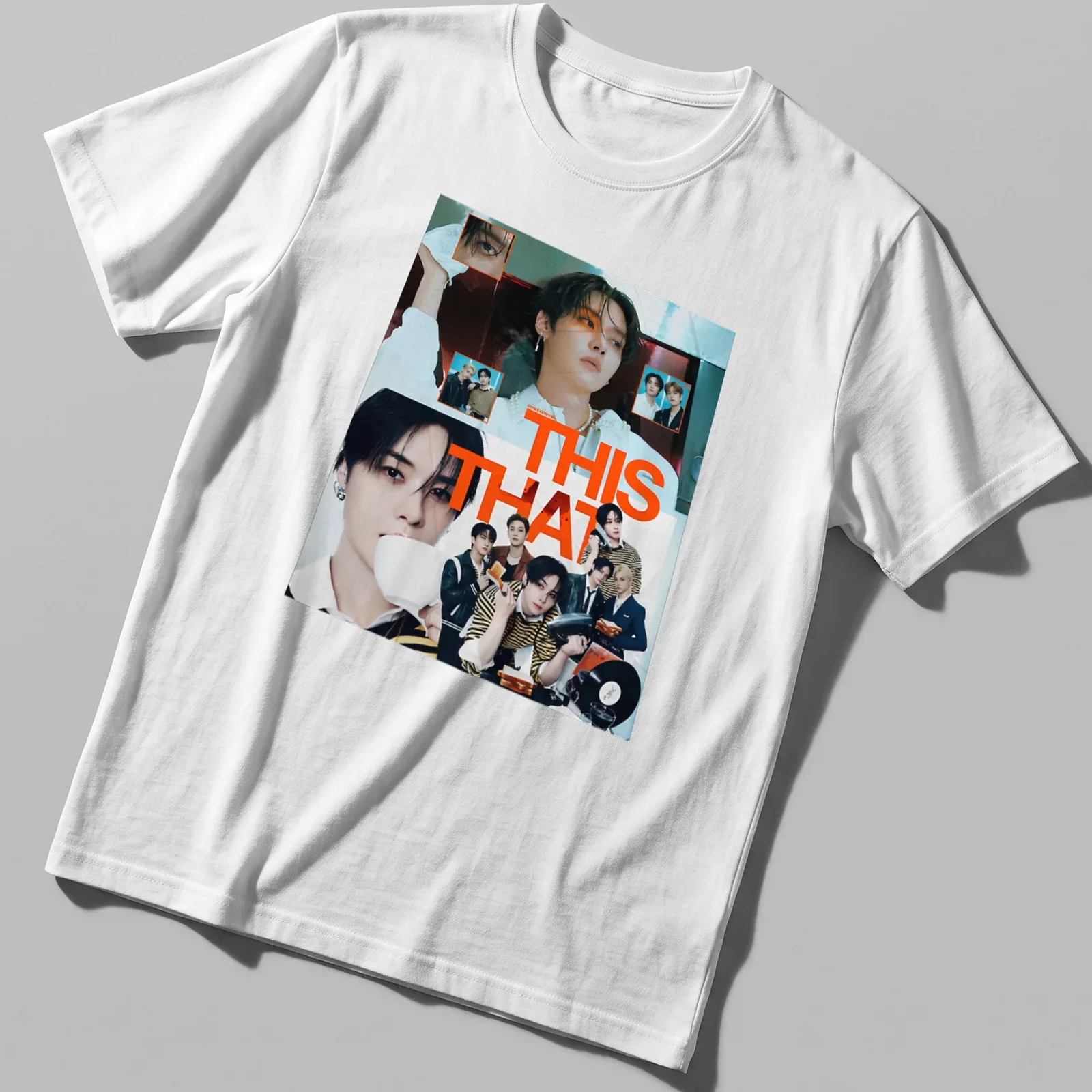 Collage graphic of K-Pop groups with vibrant colors and bold text — printed on a unisex t-shirt