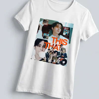 Collage graphic of K-Pop groups with vibrant colors and bold text — printed on a women's shirt