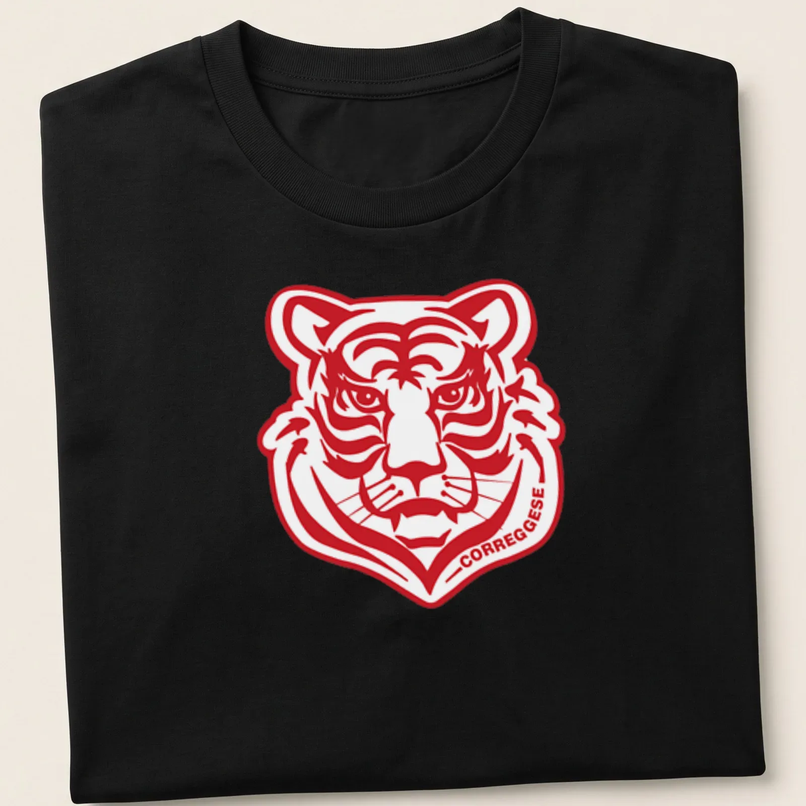 Bold graphic Correggese logo with a fierce tiger head illustration — printed on a unisex t-shirt