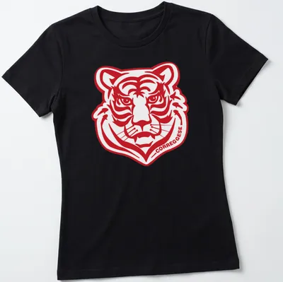 Bold graphic Correggese logo with a fierce tiger head illustration — printed on a women's shirt