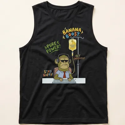 Cartoon-style T-shirt featuring a tired monkey office worker with humorous text about energizing banana juice. — printed on a tank top