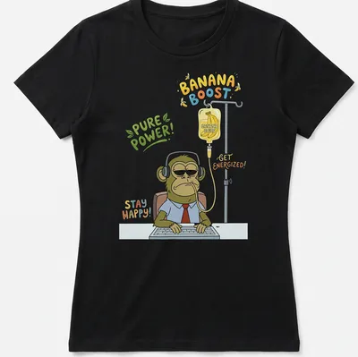 Cartoon-style T-shirt featuring a tired monkey office worker with humorous text about energizing banana juice. — printed on a women's shirt