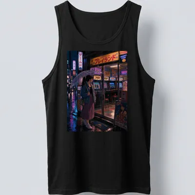Anime art print of a Tokyo game center with vibrant neon colors and Japanese text — printed on a tank top