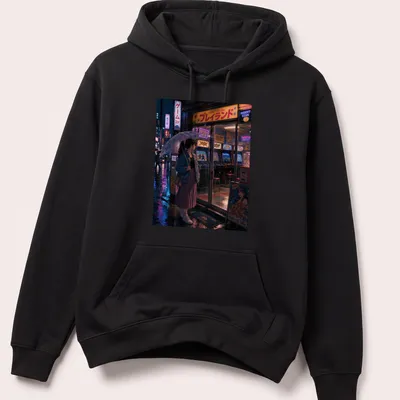 Anime art print of a Tokyo game center with vibrant neon colors and Japanese text — printed on a unisex hoodie