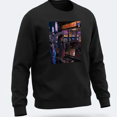 Anime art print of a Tokyo game center with vibrant neon colors and Japanese text — printed on a unisex sweatshirt