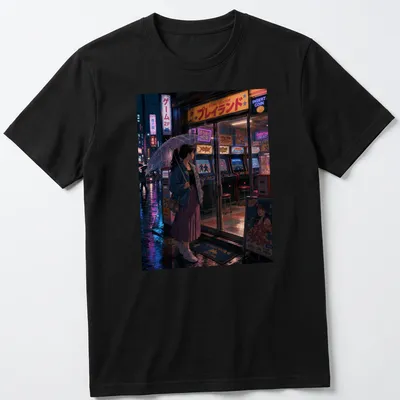 Anime art print of a Tokyo game center with vibrant neon colors and Japanese text — printed on a unisex t-shirt