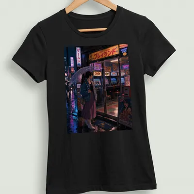 Anime art print of a Tokyo game center with vibrant neon colors and Japanese text — printed on a women's shirt