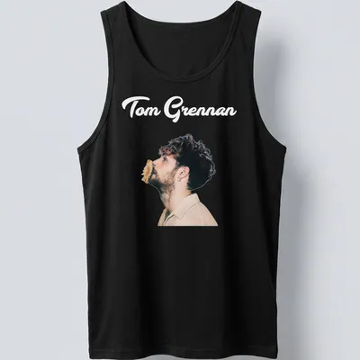 Illustration of Tom Grennan in modern portrait style with text in black, beige, and brown. — printed on a tank top