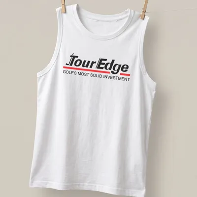 Bold logo print proclaiming TourEdge Golf's most solid investment in black, red, and white — printed on a tank top