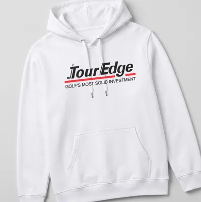 Bold logo print proclaiming TourEdge Golf's most solid investment in black, red, and white — printed on a unisex hoodie