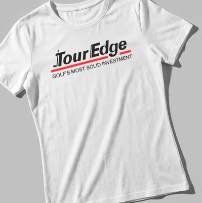 Bold logo print proclaiming TourEdge Golf's most solid investment in black, red, and white — printed on a women's shirt