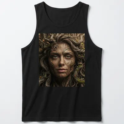 Fantasy portrait of a tree bark nymph with earthy colors and mushroom accents — printed on a tank top