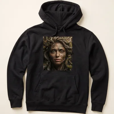 Fantasy portrait of a tree bark nymph with earthy colors and mushroom accents — printed on a unisex hoodie