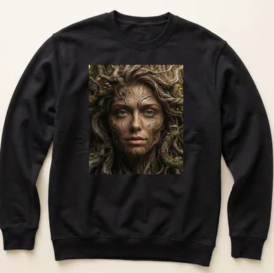 Fantasy portrait of a tree bark nymph with earthy colors and mushroom accents — printed on a unisex sweatshirt