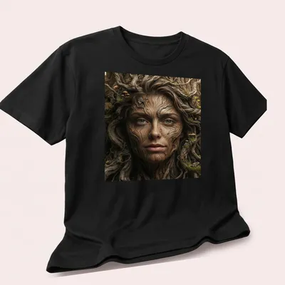 Fantasy portrait of a tree bark nymph with earthy colors and mushroom accents — printed on a unisex t-shirt (angled view)