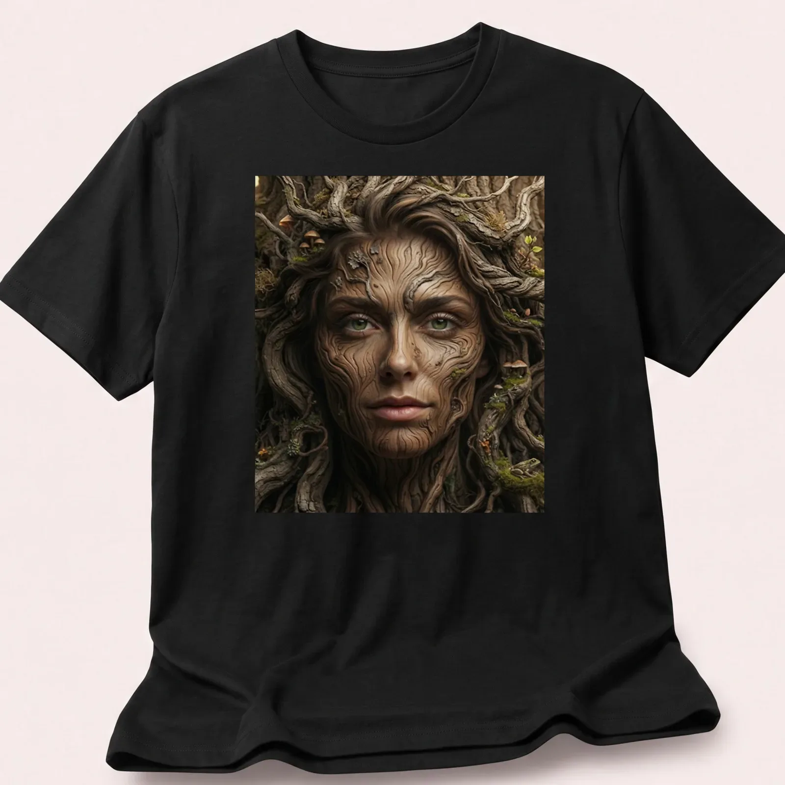 Fantasy portrait of a tree bark nymph with earthy colors and mushroom accents — printed on a unisex t-shirt