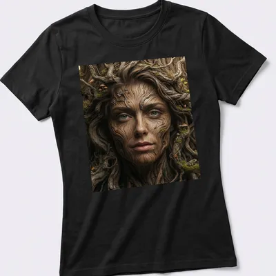 Fantasy portrait of a tree bark nymph with earthy colors and mushroom accents — printed on a women's shirt