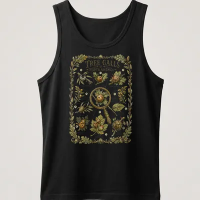 Botanical vintage print featuring tree galls with detailed illustrations in green, brown, and gold — printed on a tank top