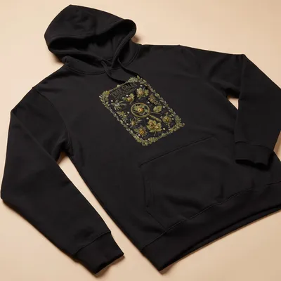 Botanical vintage print featuring tree galls with detailed illustrations in green, brown, and gold — printed on a unisex hoodie