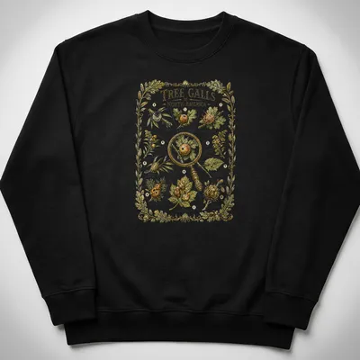 Botanical vintage print featuring tree galls with detailed illustrations in green, brown, and gold — printed on a unisex sweatshirt