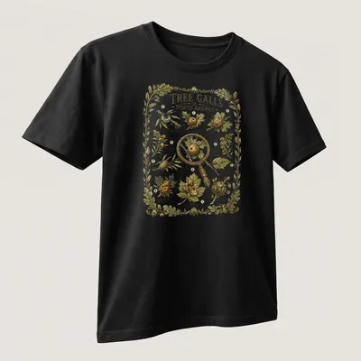 Botanical vintage print featuring tree galls with detailed illustrations in green, brown, and gold — printed on a unisex t-shirt (angled view)