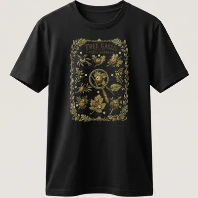 Botanical vintage print featuring tree galls with detailed illustrations in green, brown, and gold
