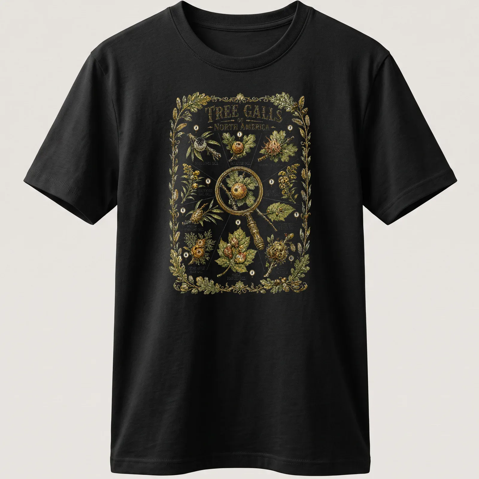 Botanical vintage print featuring tree galls with detailed illustrations in green, brown, and gold — printed on a unisex t-shirt