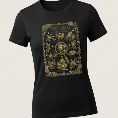Botanical vintage print featuring tree galls with detailed illustrations in green, brown, and gold — printed on a women's shirt