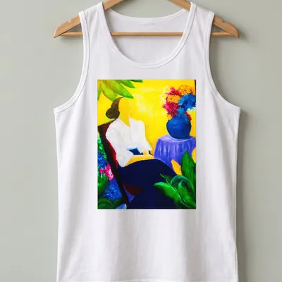 Vibrant painting of a tropical garden scene with text about quiet moments. — printed on a tank top