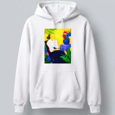 Vibrant painting of a tropical garden scene with text about quiet moments. — printed on a unisex hoodie