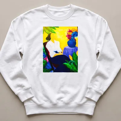 Vibrant painting of a tropical garden scene with text about quiet moments. — printed on a unisex sweatshirt