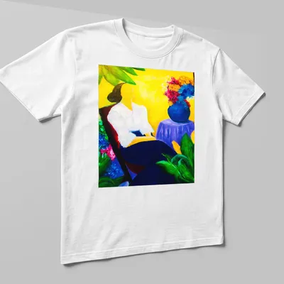Vibrant painting of a tropical garden scene with text about quiet moments. — printed on a unisex t-shirt (angled view)