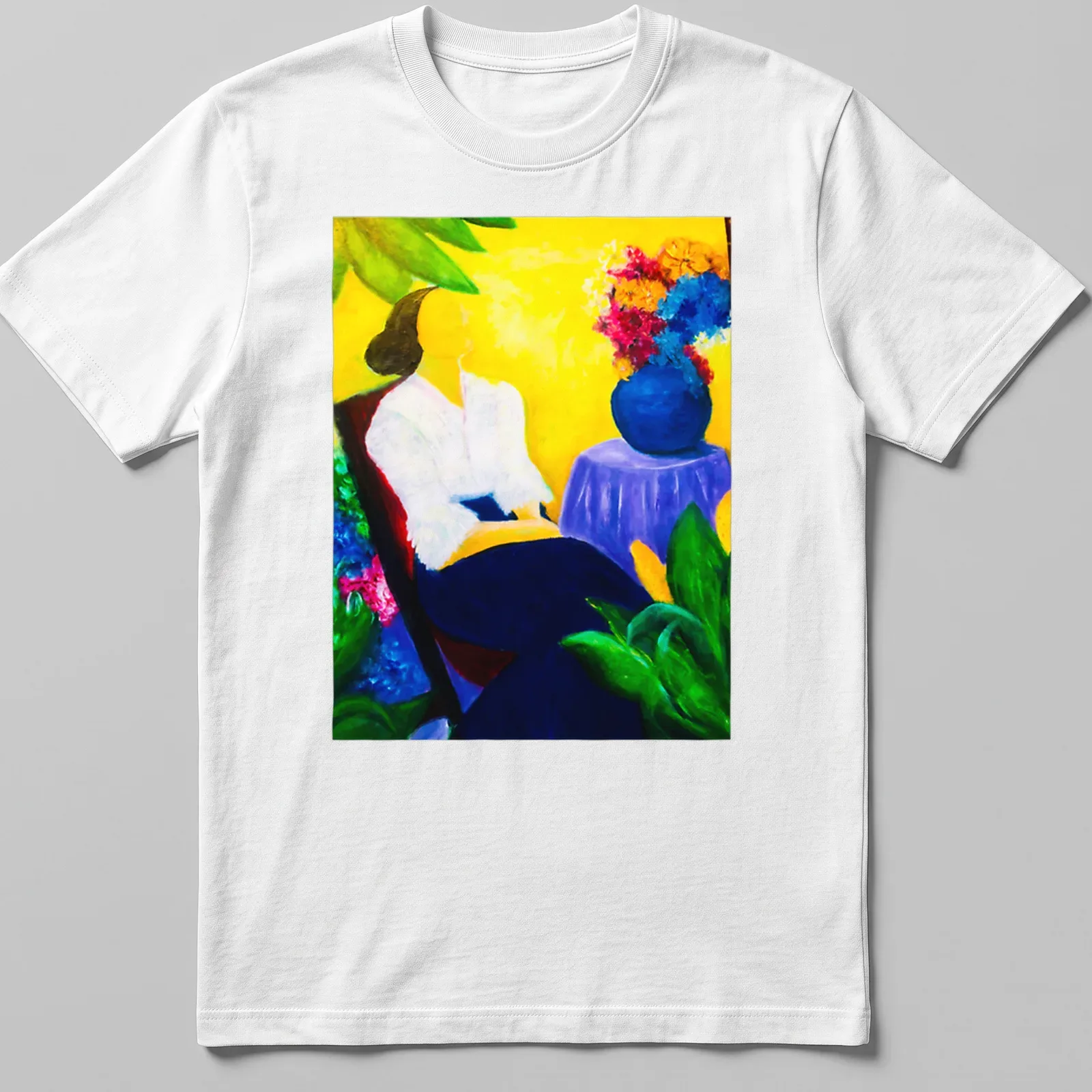 Vibrant painting of a tropical garden scene with text about quiet moments. — printed on a unisex t-shirt