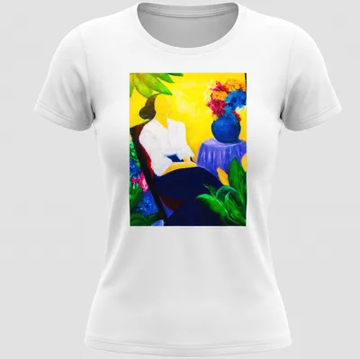 Vibrant painting of a tropical garden scene with text about quiet moments. — printed on a women's shirt