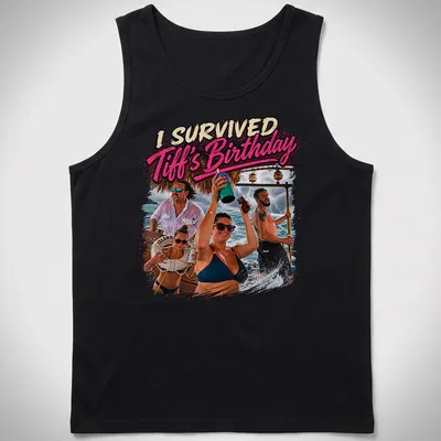 Colorful graphic of a tropical party scene with text 'I Survived Tiff's Birthday' — printed on a tank top