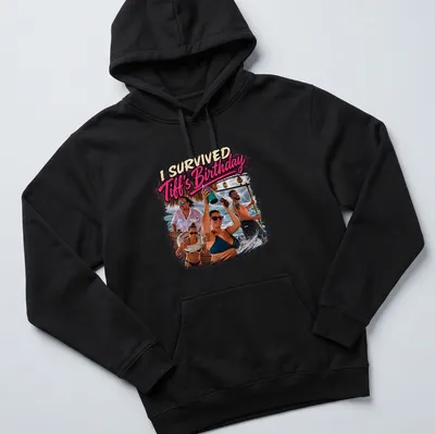 Colorful graphic of a tropical party scene with text 'I Survived Tiff's Birthday' — printed on a unisex hoodie