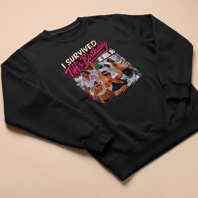 Colorful graphic of a tropical party scene with text 'I Survived Tiff's Birthday' — printed on a unisex sweatshirt