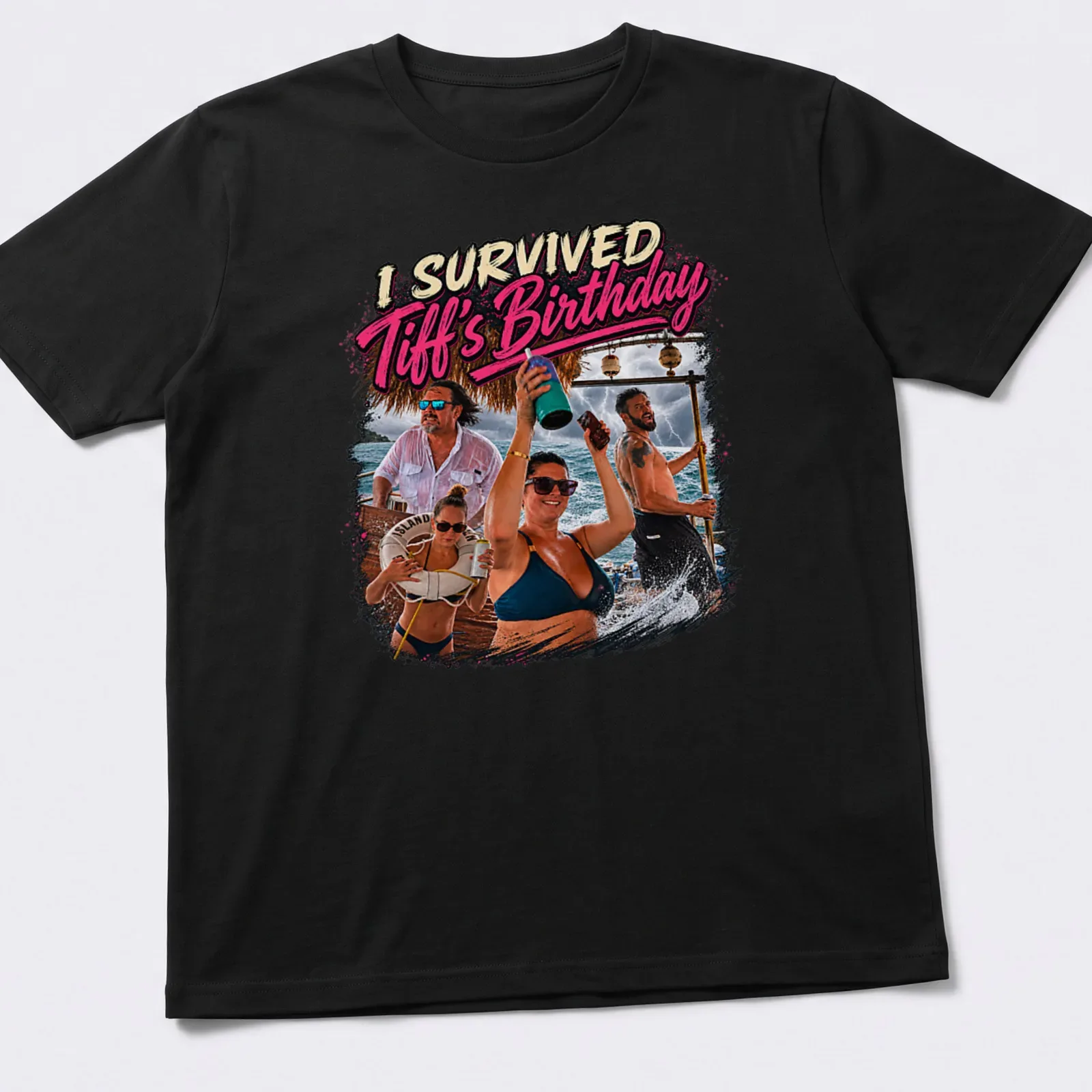 Colorful graphic of a tropical party scene with text 'I Survived Tiff's Birthday' — printed on a unisex t-shirt