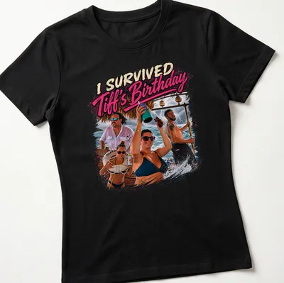Colorful graphic of a tropical party scene with text 'I Survived Tiff's Birthday' — printed on a women's shirt