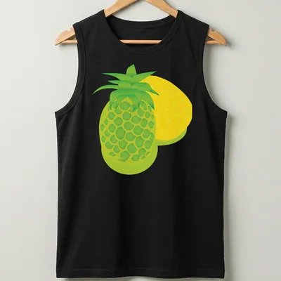 Colorful cartoon print of cheerful tropical pineapples — printed on a tank top