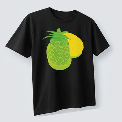 Colorful cartoon print of cheerful tropical pineapples — printed on a unisex t-shirt (angled view)