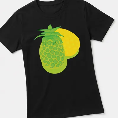 Colorful cartoon print of cheerful tropical pineapples — printed on a women's shirt