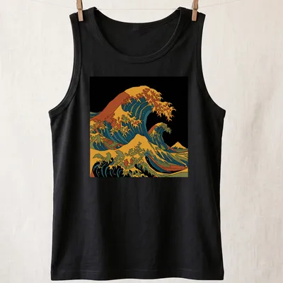 Low poly graphic of a tsunami wave with vibrant geometric colors — printed on a tank top