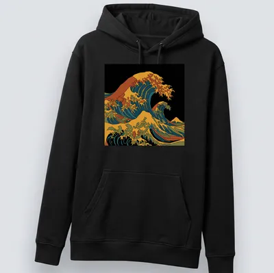 Low poly graphic of a tsunami wave with vibrant geometric colors — printed on a unisex hoodie