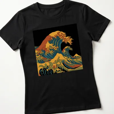 Low poly graphic of a tsunami wave with vibrant geometric colors — printed on a women's shirt