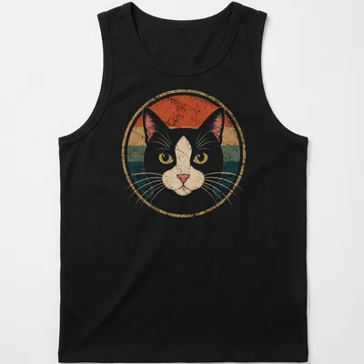 Retro vintage print of a tuxedo cat surrounded by colorful accents — printed on a tank top