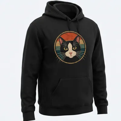 Retro vintage print of a tuxedo cat surrounded by colorful accents — printed on a unisex hoodie
