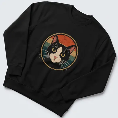 Retro vintage print of a tuxedo cat surrounded by colorful accents — printed on a unisex sweatshirt