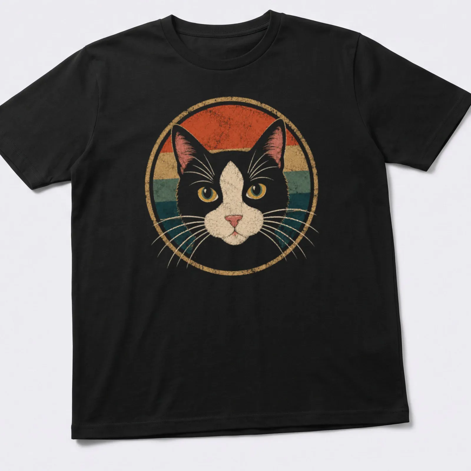 Retro vintage print of a tuxedo cat surrounded by colorful accents — printed on a unisex t-shirt